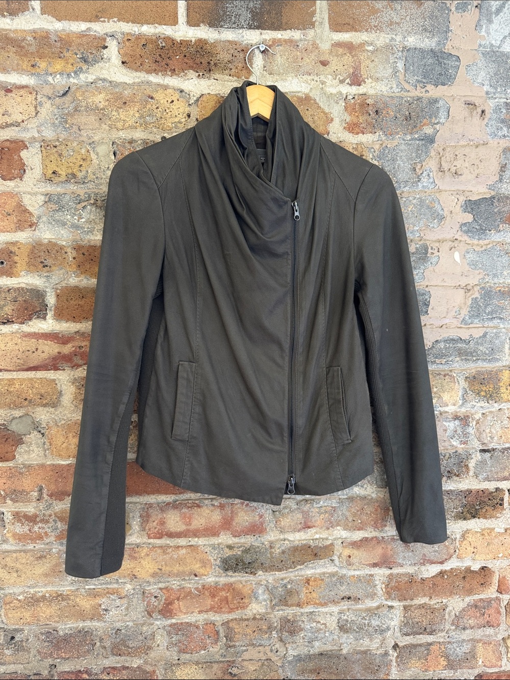 Vince Olive-Black Draped Leather Jacket